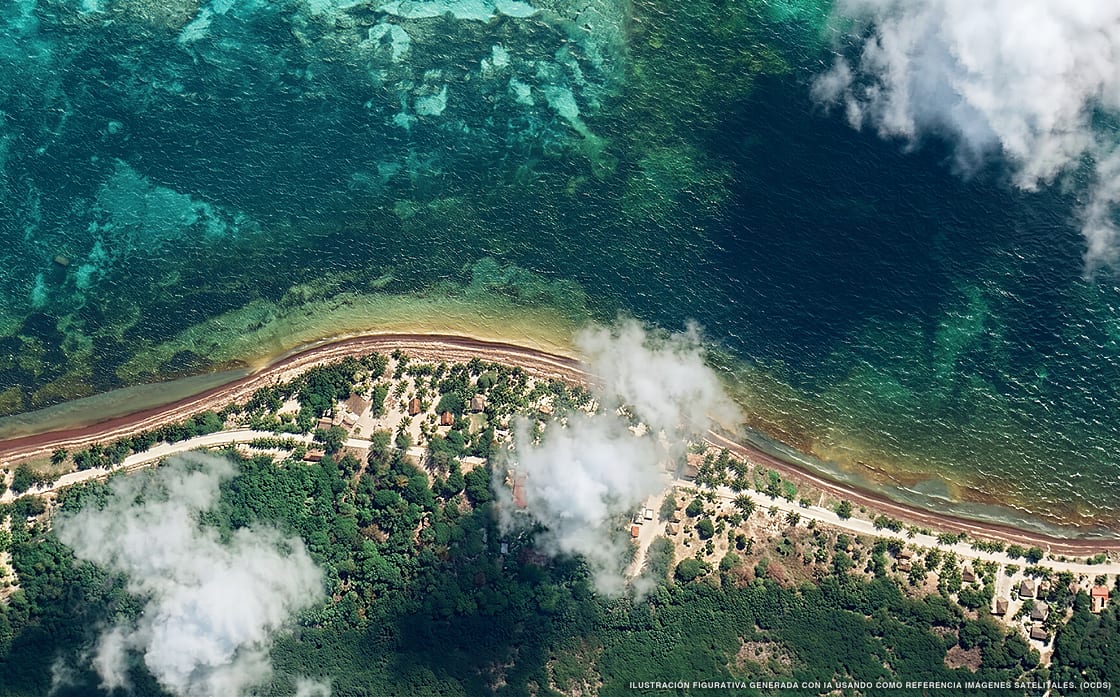 Ilustración aérea de la playa Playa La Bamba, Mahahual, Caribe Mexicano