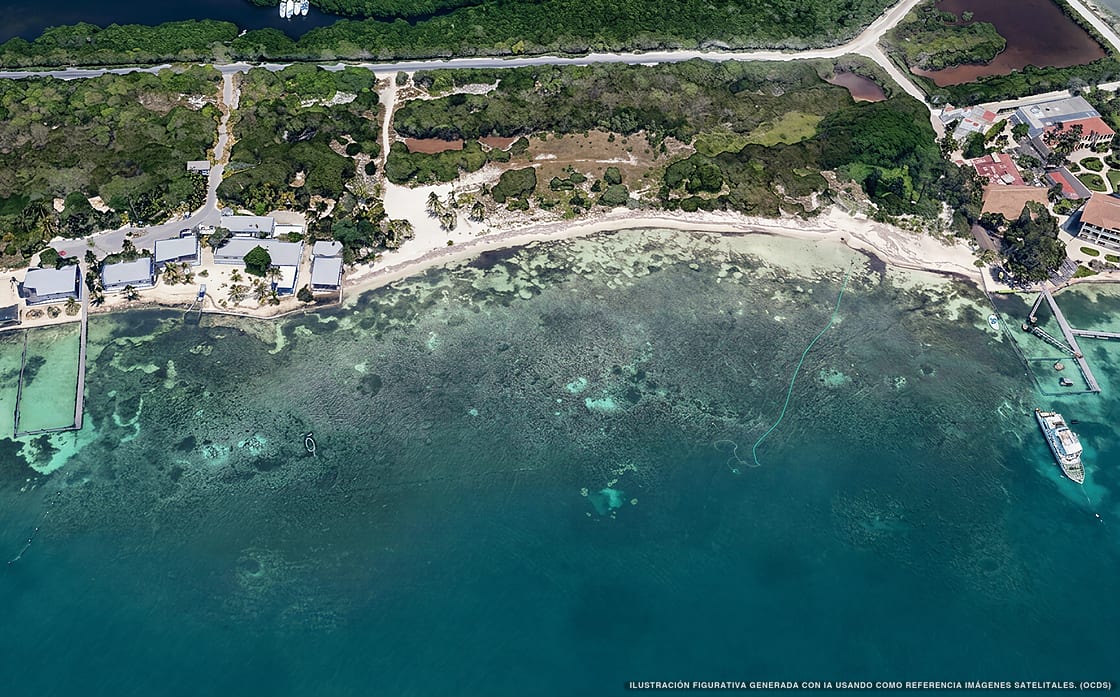 Illustrazione aerea della spiaggia Playa Lancheros, Isla Mujeres, Caraibi messicani