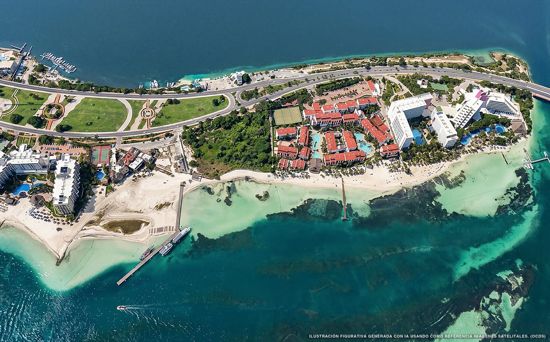 Illustrazione aerea della spiaggia Playa Langosta, Cancún, Caraibi messicani