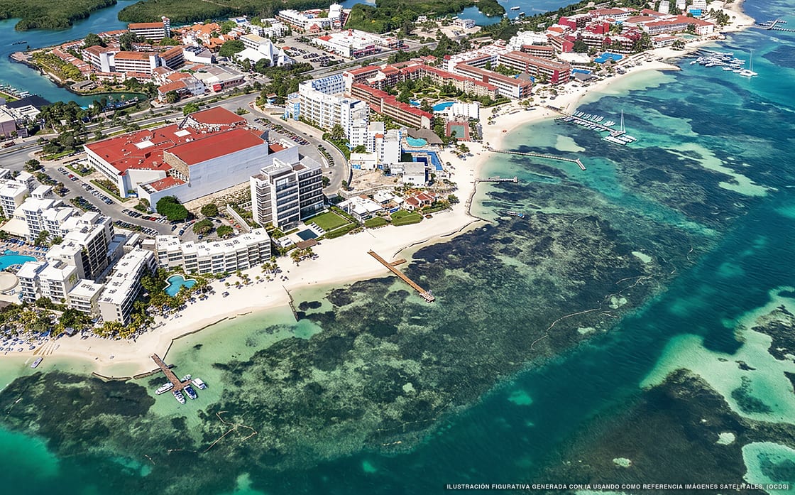 Illustrazione aerea della spiaggia Playa las Perlas, Cancún, Caraibi messicani