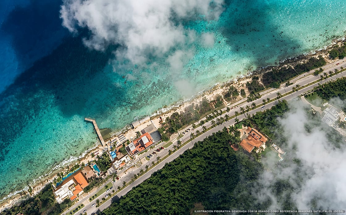 Illustration aérienne de la plage Playa Las Rocas, Cozumel, Caraïbes mexicaines