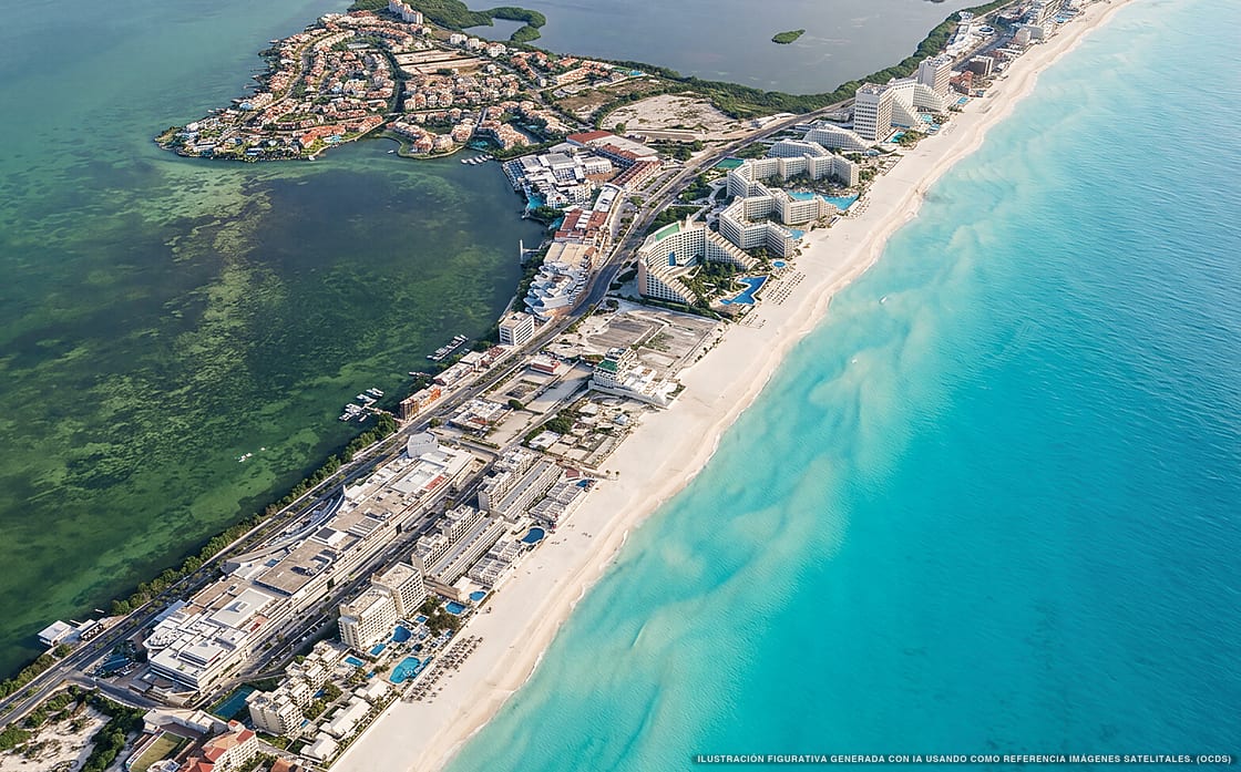 Illustrazione aerea della spiaggia Playa Marlín, Cancún, Caraibi messicani