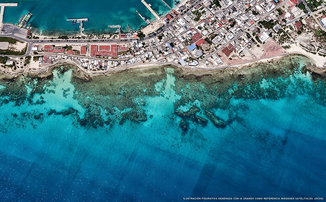 Illustrazione aerea della spiaggia Playa Media Luna, Isla Mujeres, Caraibi messicani