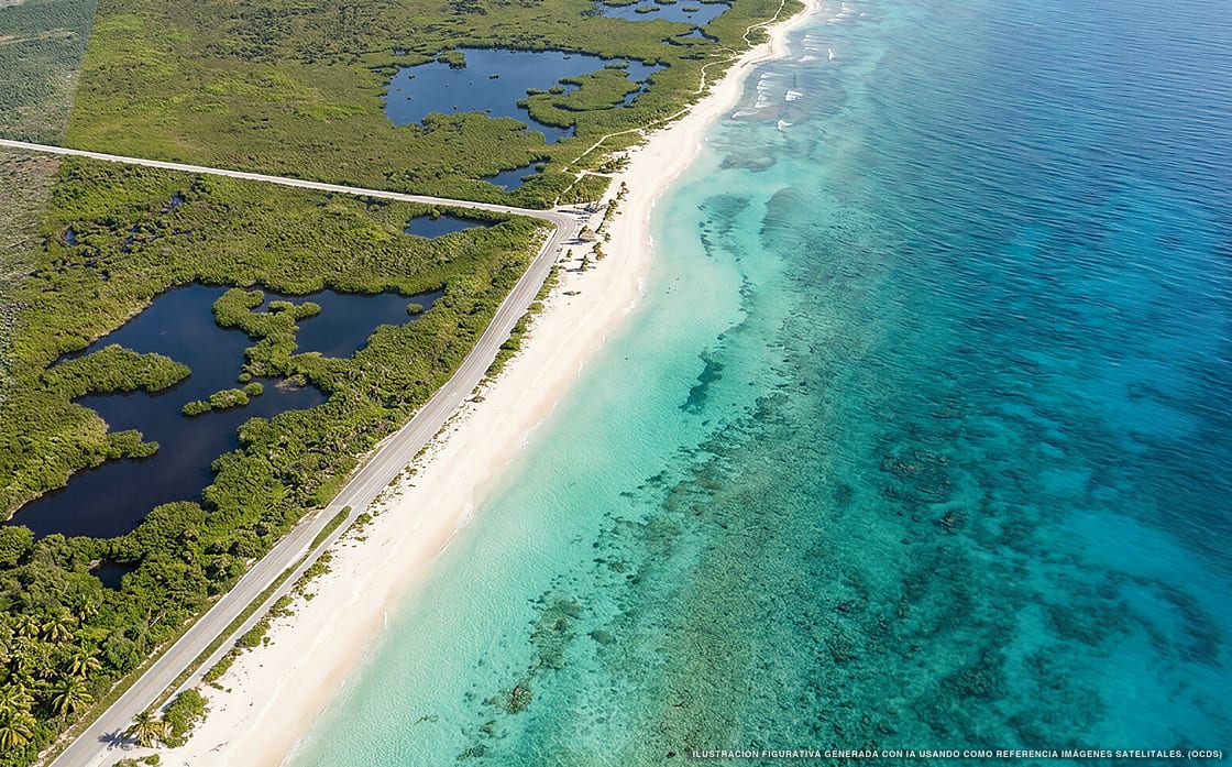 Illustrazione aerea della spiaggia Playa Mezcalitos, Cozumel, Caraibi messicani