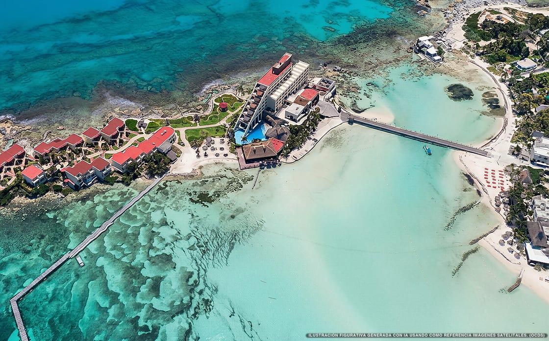 Illustration aérienne de la plage Playa Mia, Isla Mujeres, Caraïbes mexicaines