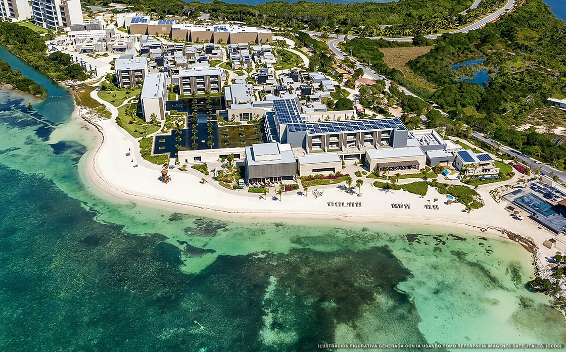 Illustrazione aerea della spiaggia Playa Nizuc, Cancún, Caraibi messicani