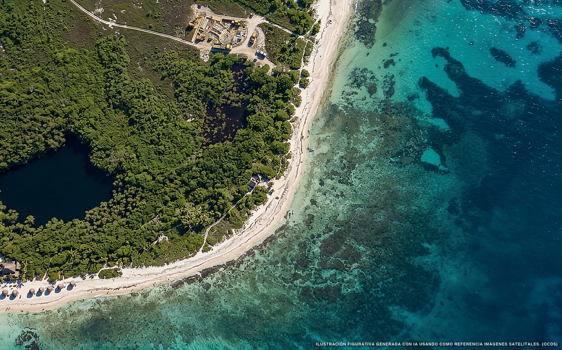 Illustrazione aerea della spiaggia Playa Nube, Playa del Carmen, Caraibi messicani