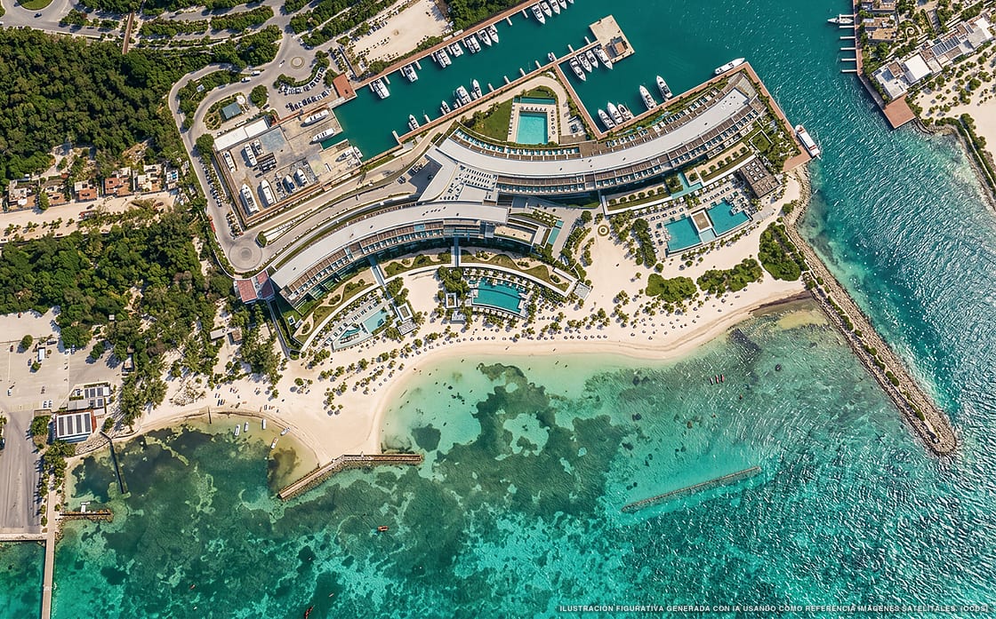 Illustrazione aerea della spiaggia Playa Och, Costa Mujeres, Caraibi messicani
