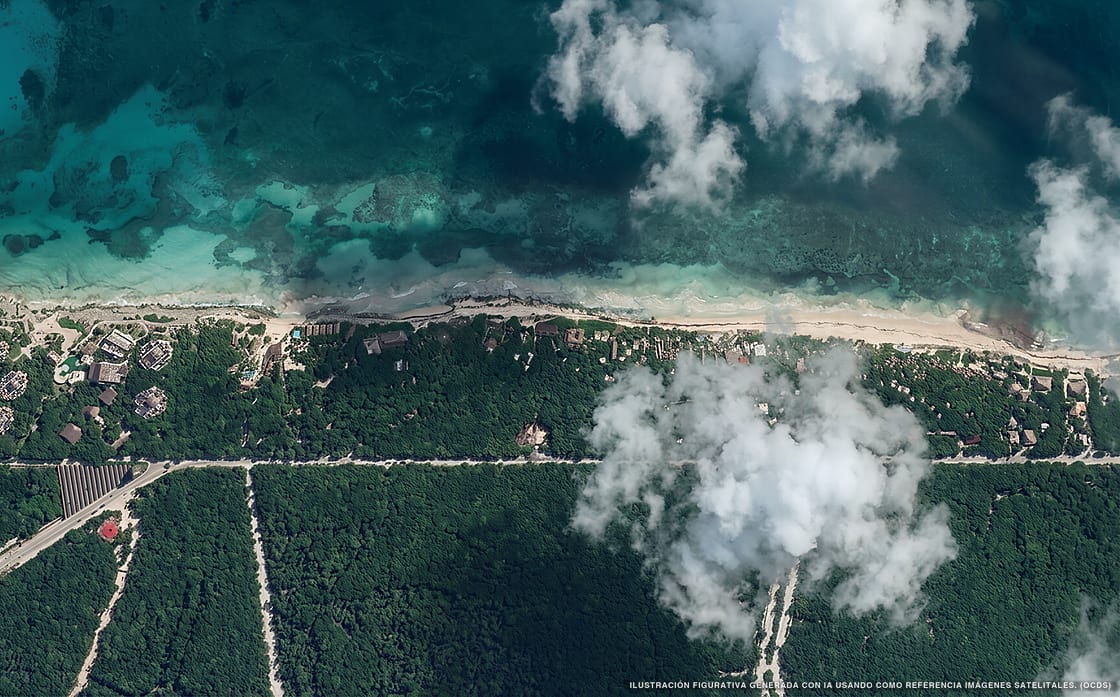 Illustrazione aerea della spiaggia Playa Papaya, Tulum, Caraibi messicani