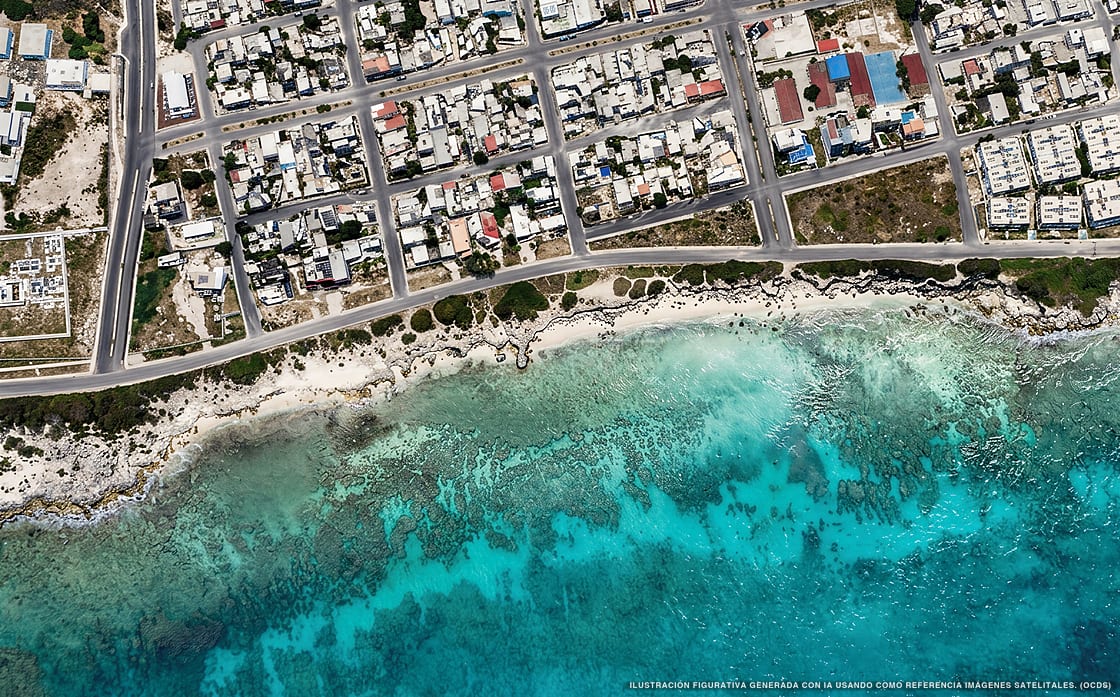 Illustrazione aerea della spiaggia Playa para mascotas, Isla Mujeres, Caraibi messicani