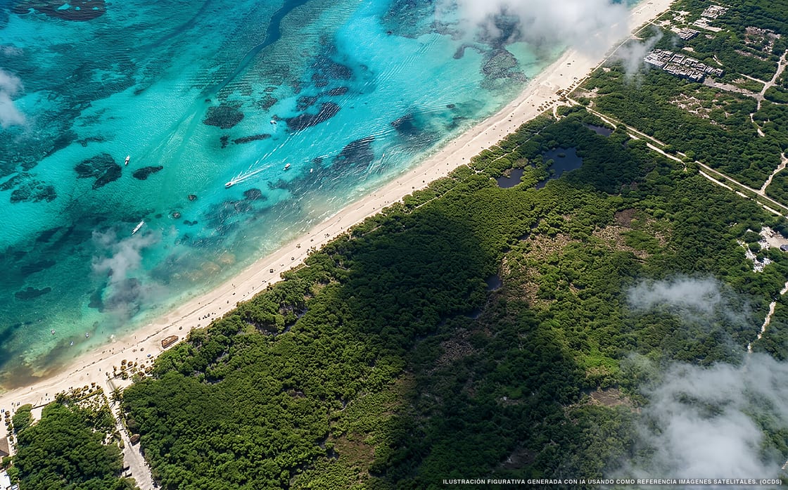 Illustrazione aerea della spiaggia Playa Paraíso, Playa del Carmen, Caraibi messicani