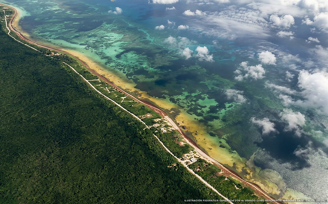 Ilustración aérea de la playa Playa Paytocal, Mahahual, Caribe Mexicano