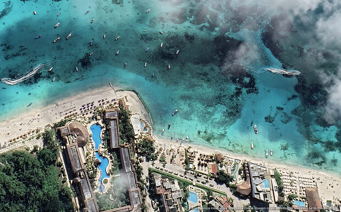 Illustrazione aerea della spiaggia Playa Pelícanos, Playa del Carmen, Caraibi messicani