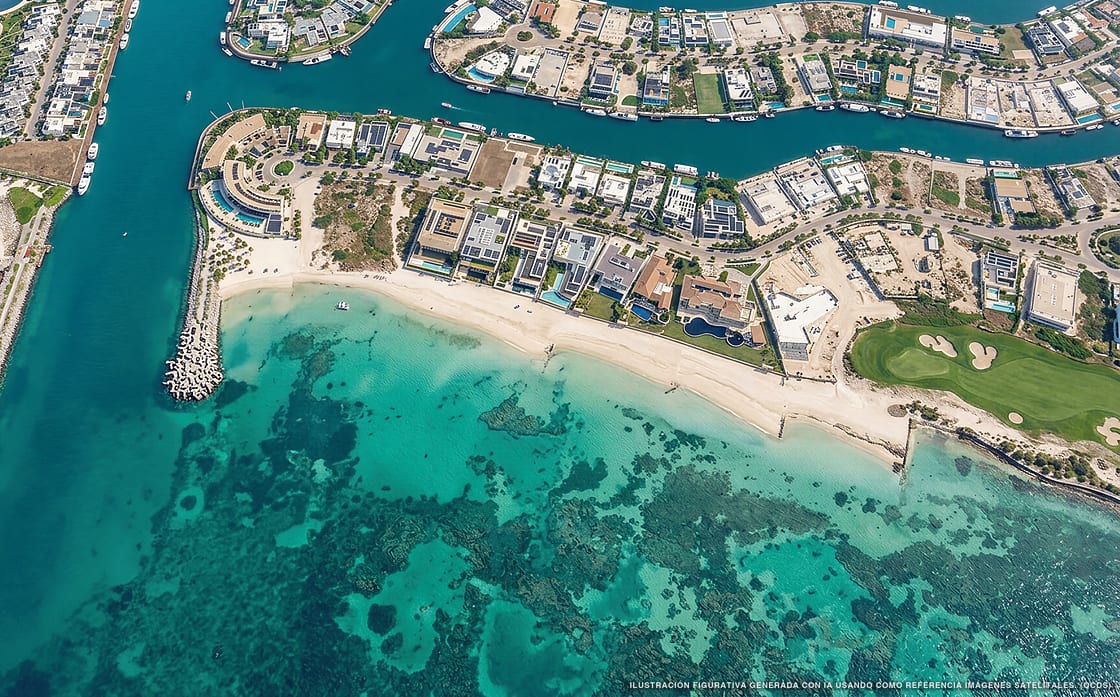 Illustration aérienne de la plage Playa Puerto Morelos, Cancún, Caraïbes mexicaines