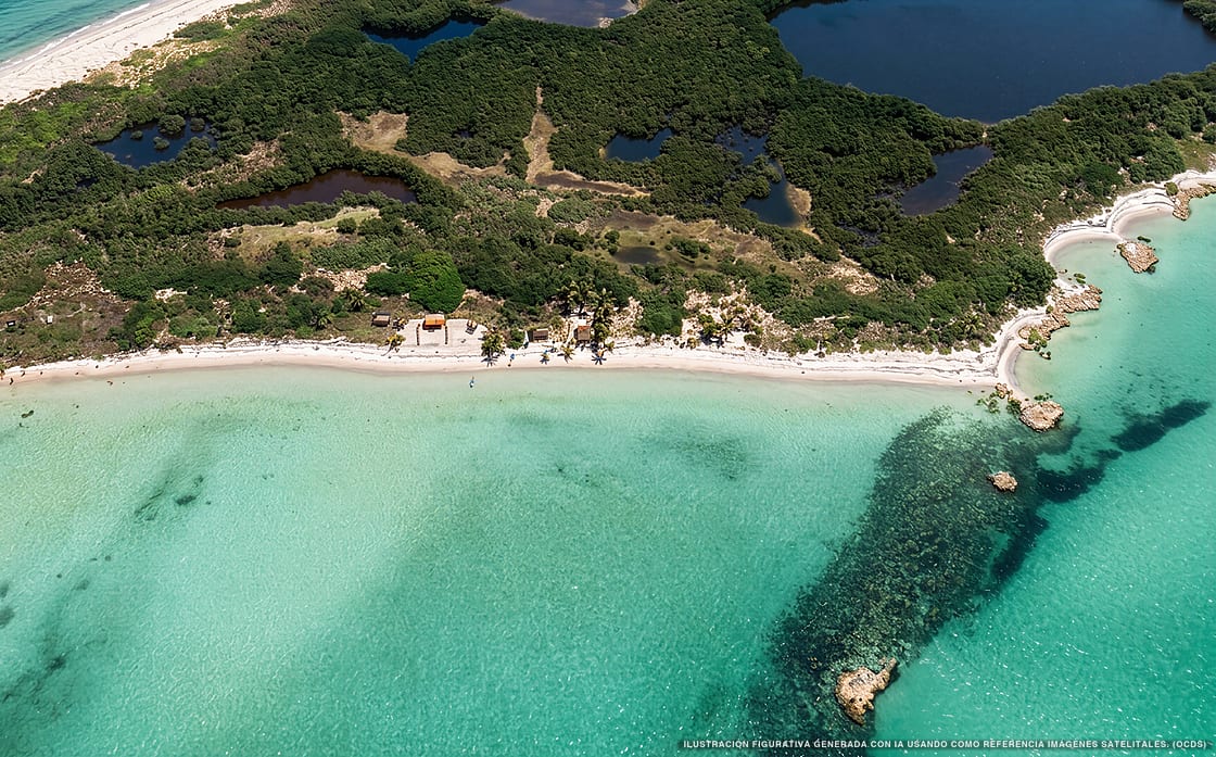 Illustrazione aerea della spiaggia Playa Pupy, Isla Contoy, Caraibi messicani