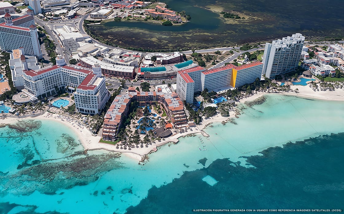 Illustration aérienne de la plage Playa Riu Palace, Cancún, Caraïbes mexicaines