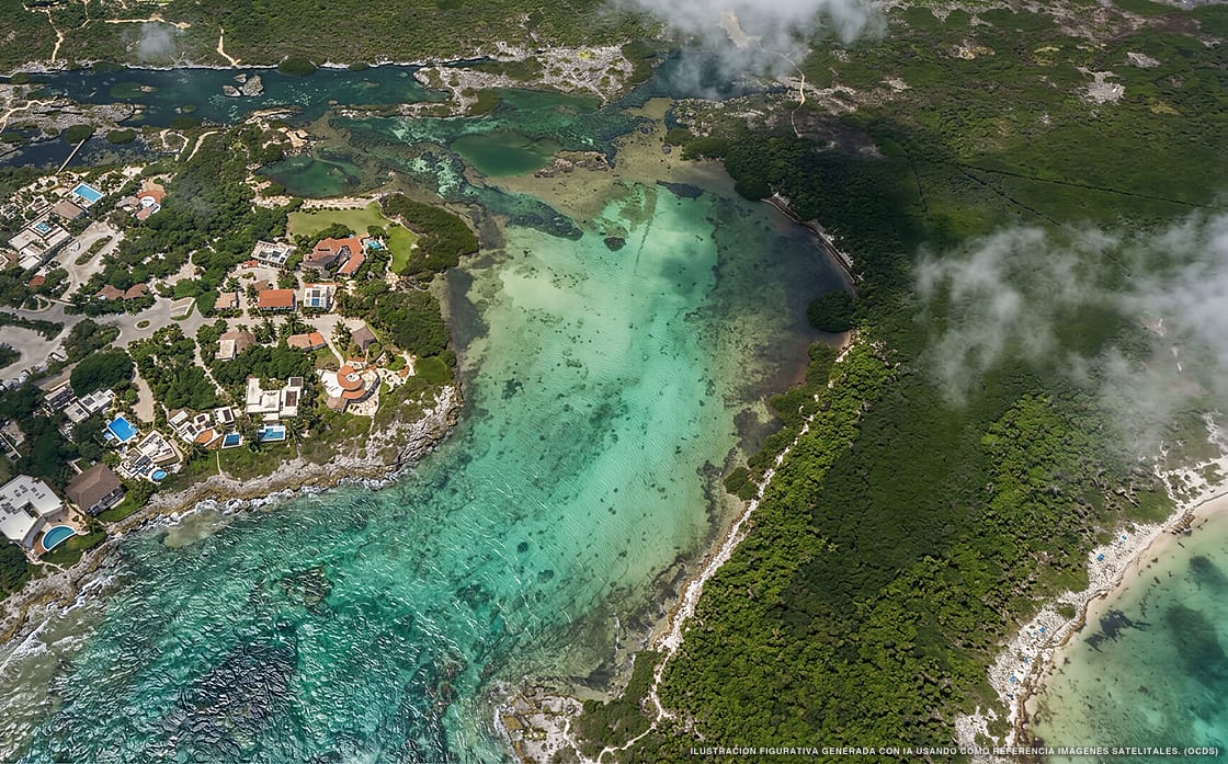 Illustrazione aerea della spiaggia Playa Robbecca, Akumal, Caraibi messicani