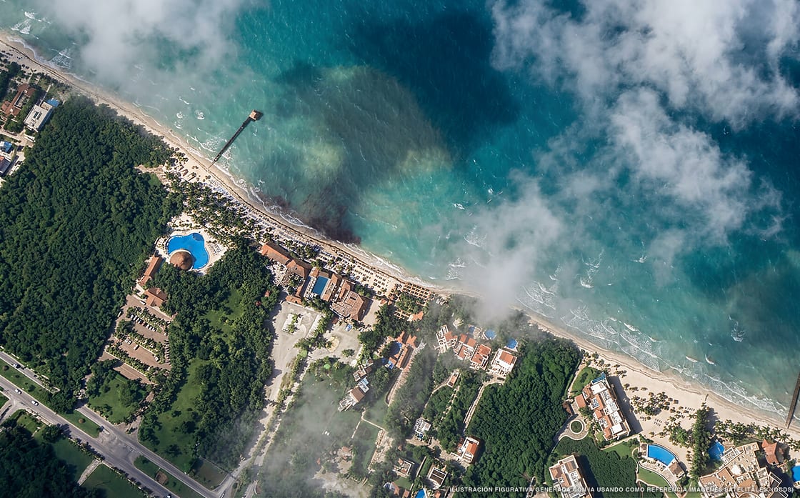 Illustrazione aerea della spiaggia Playa San Francisco, Cozumel, Caraibi messicani