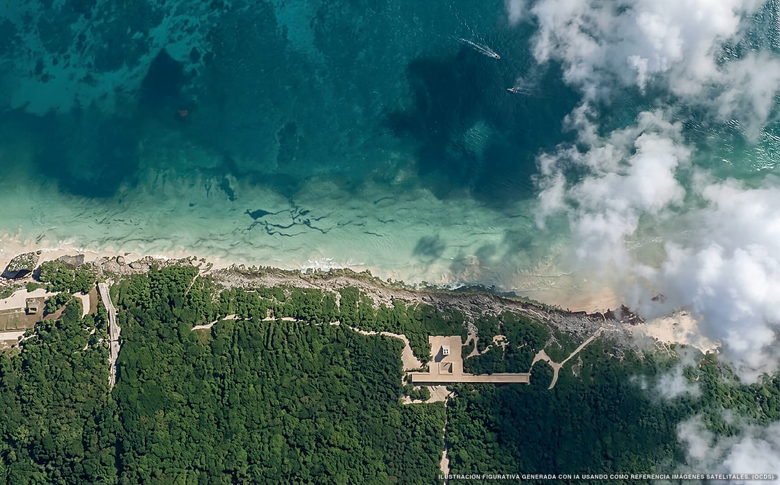 Illustration aérienne de la plage Playa Santa Fe, Tulum, Caraïbes mexicaines