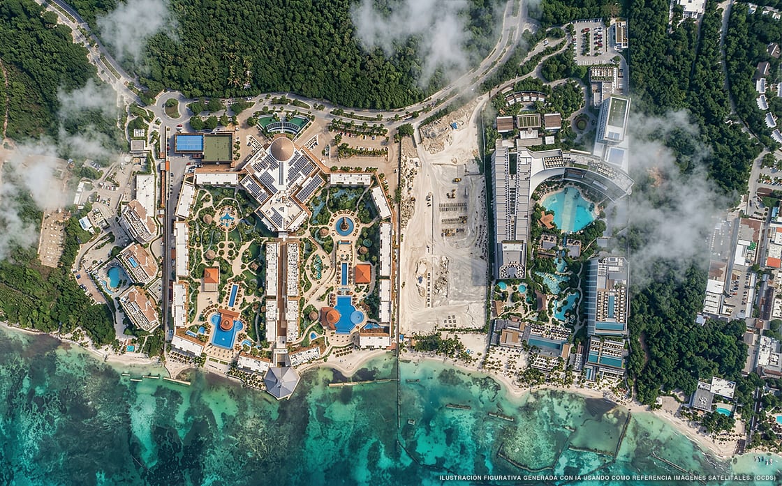 Illustration aérienne de la plage Playa Secrets, Playa del Carmen, Caraïbes mexicaines