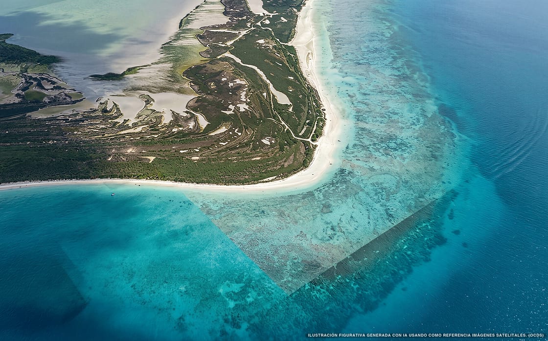 Illustrazione aerea della spiaggia Playa Sinai, Holbox, Caraibi messicani