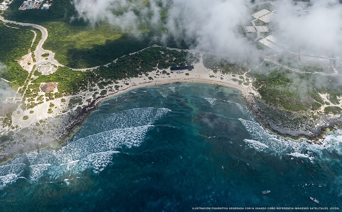 Illustration aérienne de la plage Playa Sirenis Xaac, Akumal, Caraïbes mexicaines