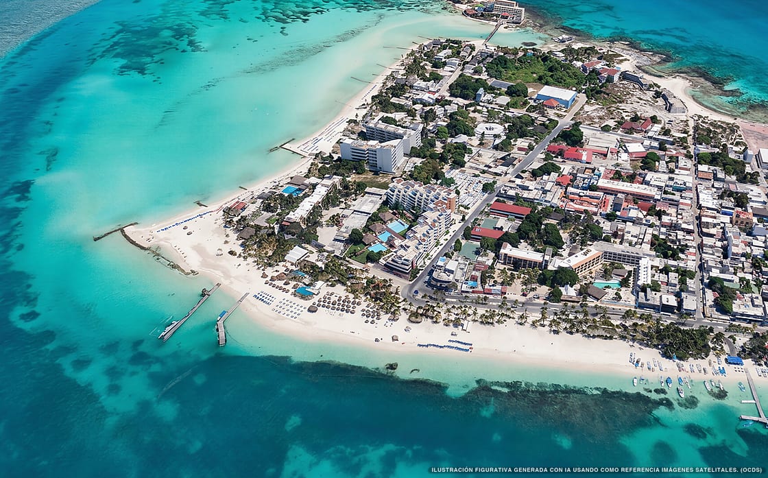 Illustration aérienne de la plage Playa Sol, Isla Mujeres, Caraïbes mexicaines