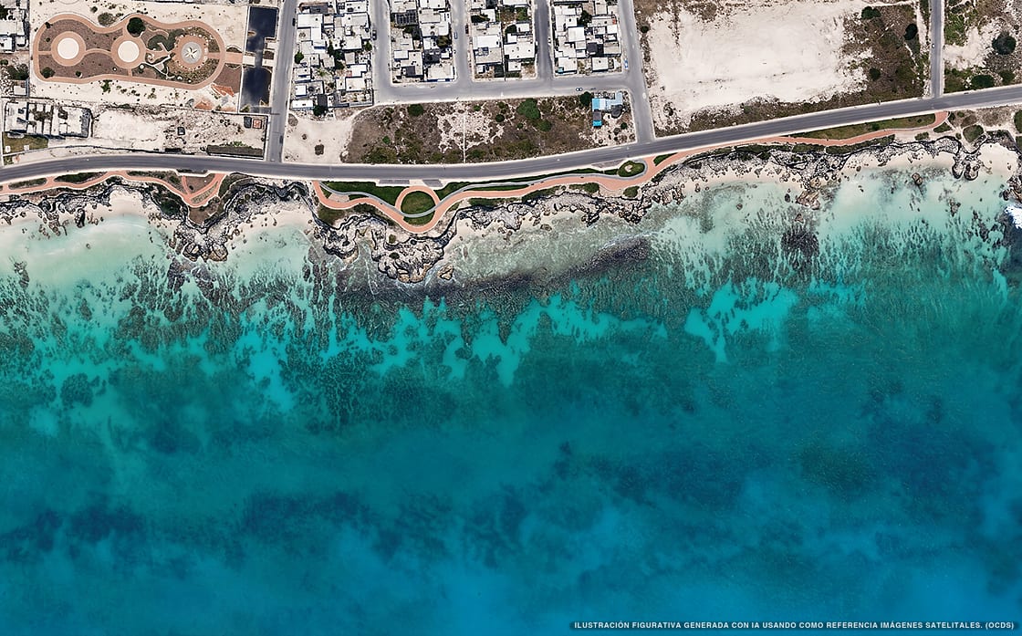 Illustrazione aerea della spiaggia Playa Tato, Isla Mujeres, Caraibi messicani