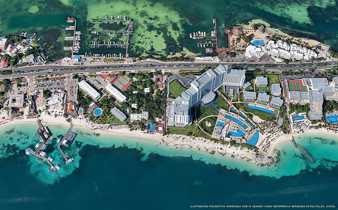 Illustrazione aerea della spiaggia Playa Tortugas, Cancún, Caraibi messicani