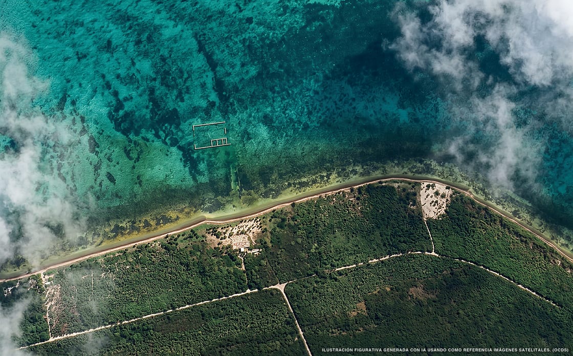 Illustrazione aerea della spiaggia Playa Uvero, Costa Maya, Caraibi messicani
