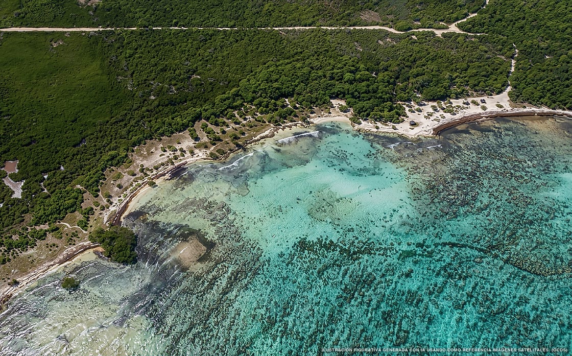 Illustrazione aerea della spiaggia Playa Virgen Tulum, Tulum, Caraibi messicani