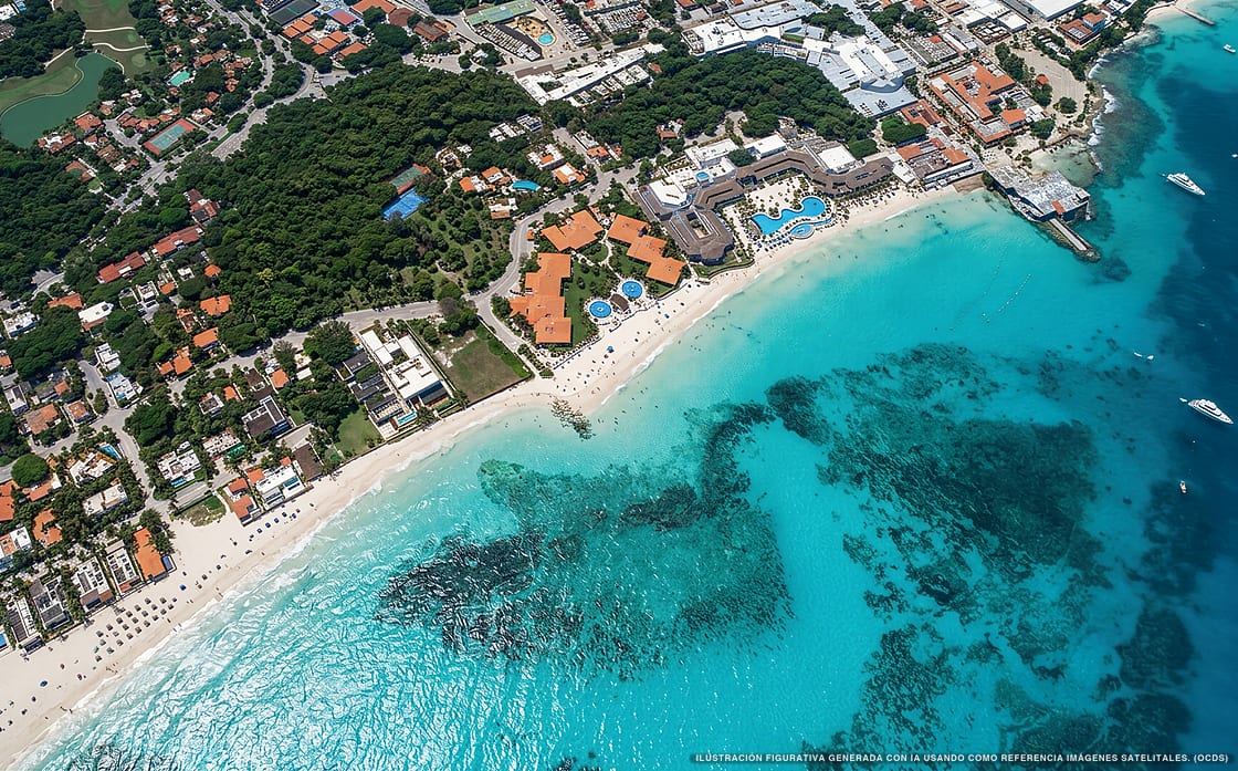 Illustrazione aerea della spiaggia Playa Xamanha, Playa del Carmen, Caraibi messicani