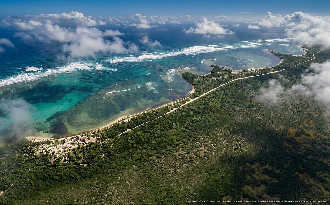 Illustrazione aerea della spiaggia Playa Xcayal, Xcalak, Caraibi messicani
