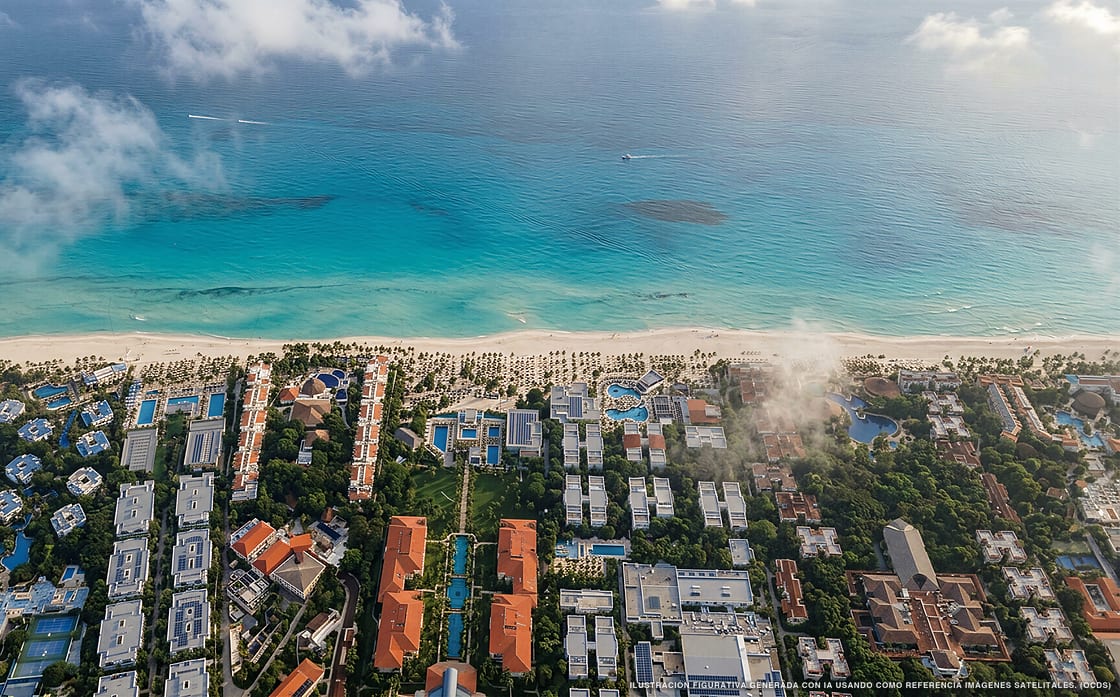 Illustrazione aerea della spiaggia Playacar, Playa del Carmen, Caraibi messicani