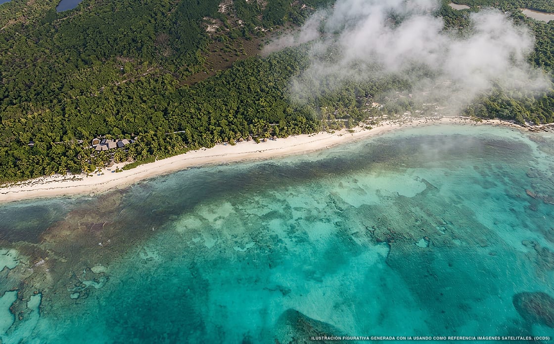 Illustrazione aerea della spiaggia Punta Allen Sur, Punta Allen, Caraibi messicani