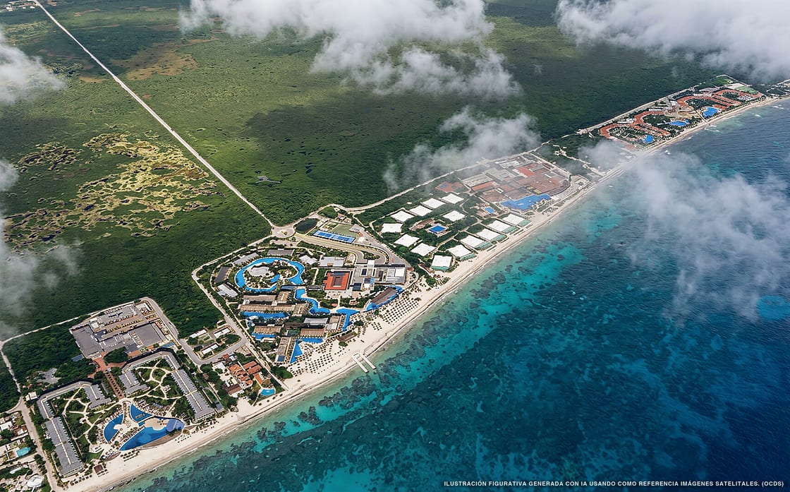 Illustrazione aerea della spiaggia Punta Caracol, Riviera Cancún, Caraibi messicani