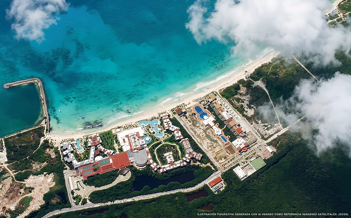 Illustrazione aerea della spiaggia Punta Cielo, Puerto Morelos, Caraibi messicani