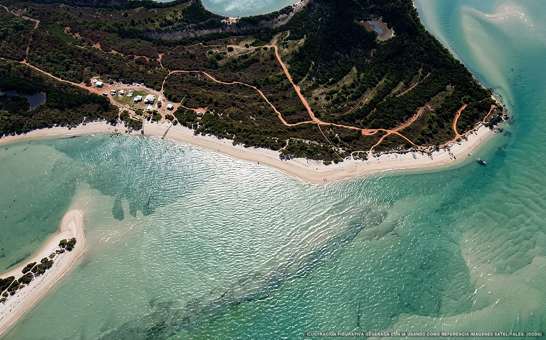 Illustrazione aerea della spiaggia Punta Cricote, Holbox, Caraibi messicani