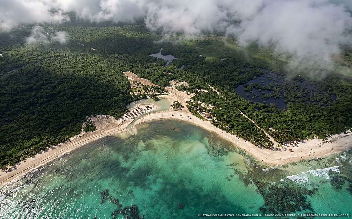 Illustration aérienne de la plage Punta Esmeralda, Playa del Carmen, Caraïbes mexicaines