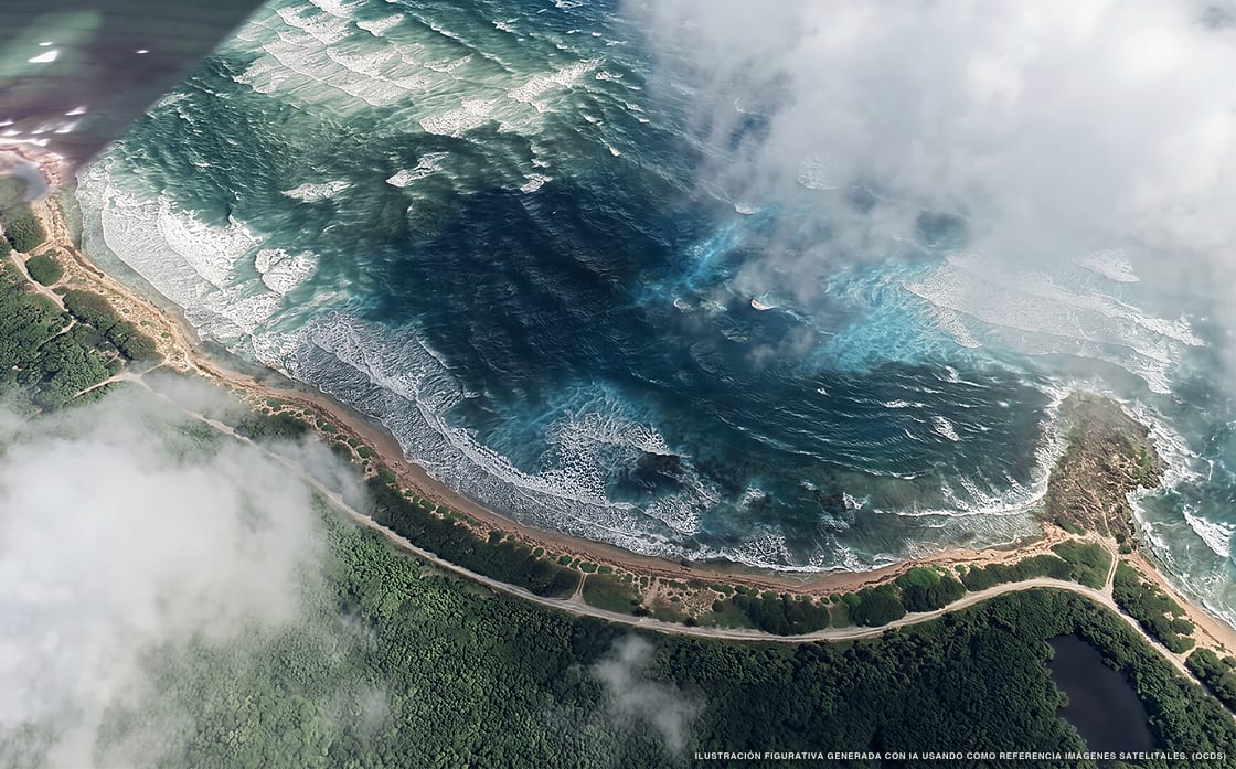 Ilustración aérea de la playa Punta Herradura, Mahahual, Caribe Mexicano
