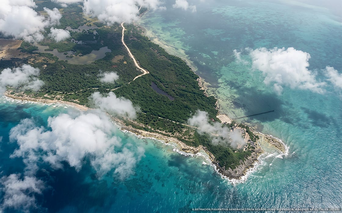 Illustrazione aerea della spiaggia Punta Herrero, Costa Maya, Caraibi messicani