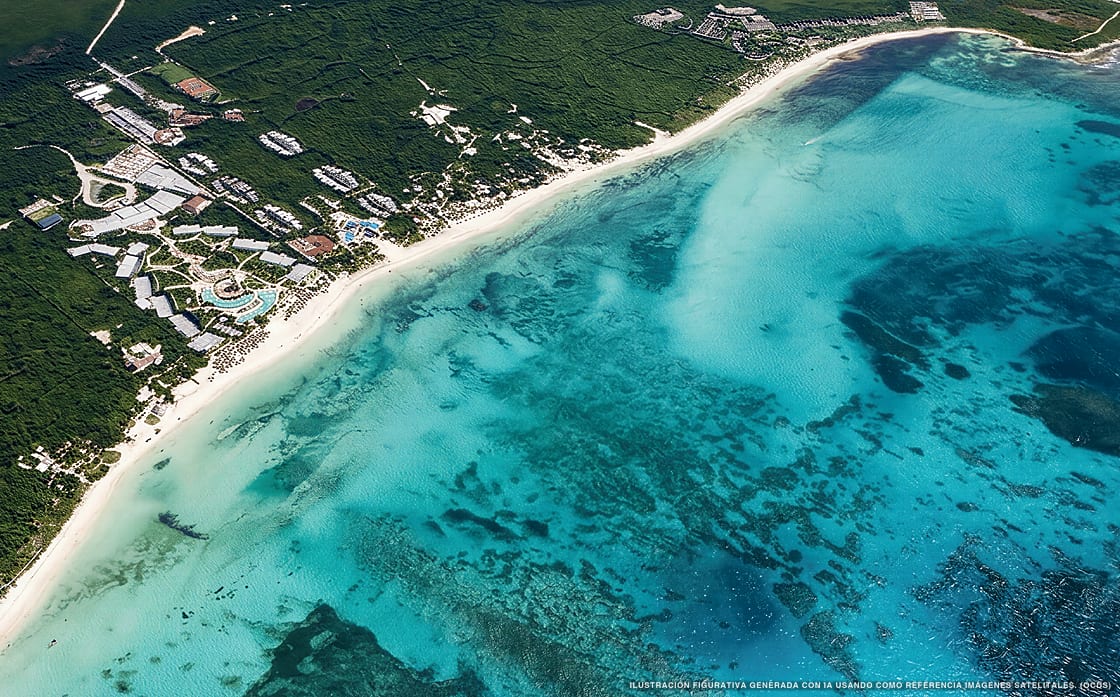 Illustrazione aerea della spiaggia Punta Maroma, Puerto Morelos, Caraibi messicani