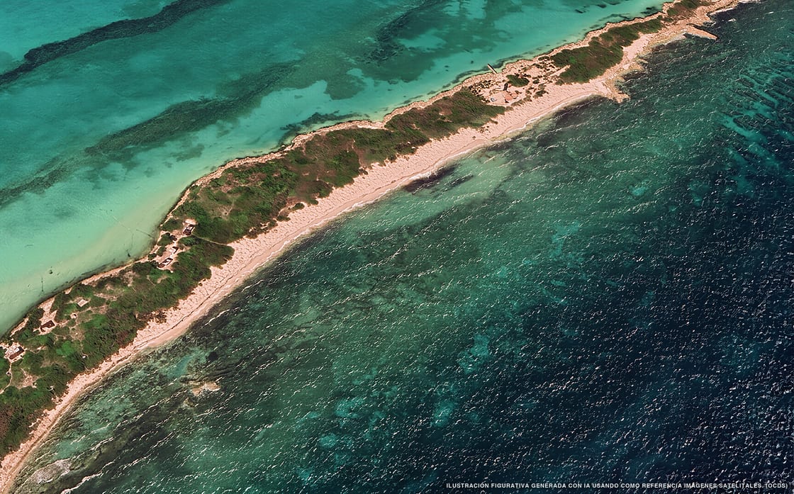 Illustrazione aerea della spiaggia Punta Nikté, Isla Contoy, Caraibi messicani