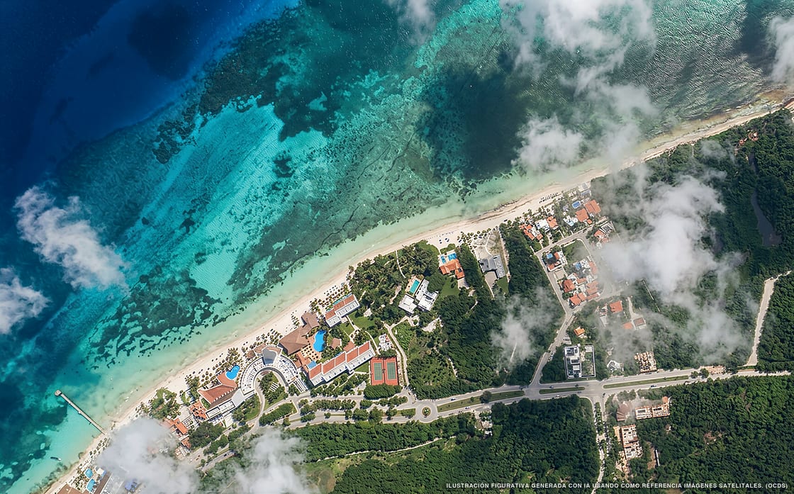 Illustrazione aerea della spiaggia Punta Norte, Cozumel, Caraibi messicani