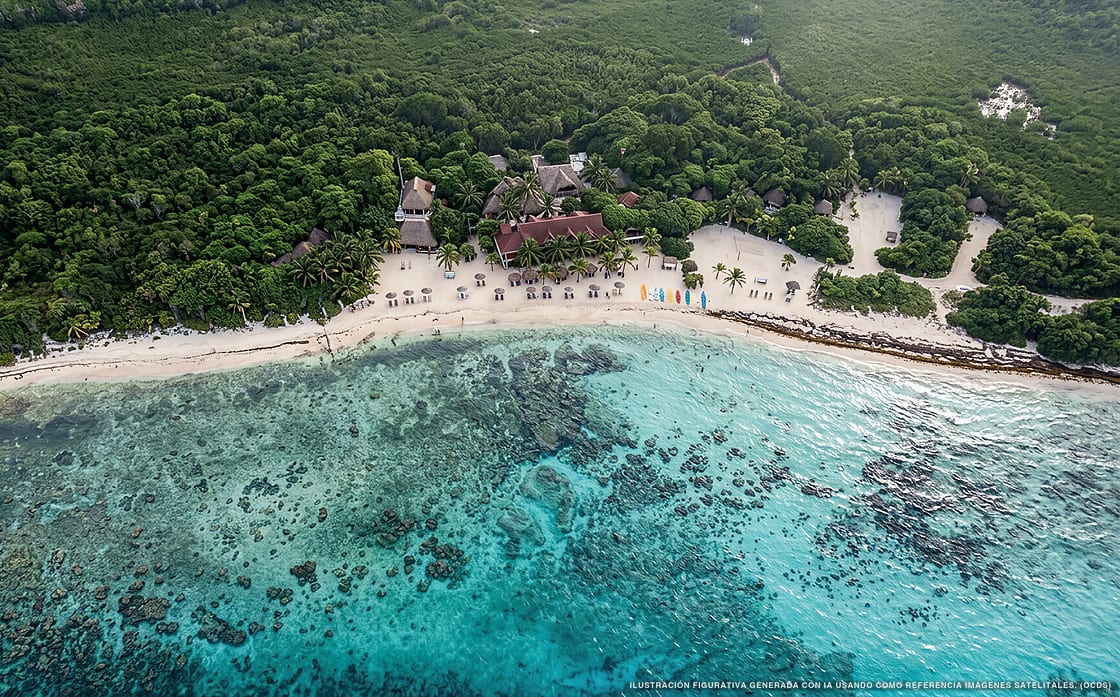 Illustrazione aerea della spiaggia Punta Venado Sur, Riviera Maya, Caraibi messicani