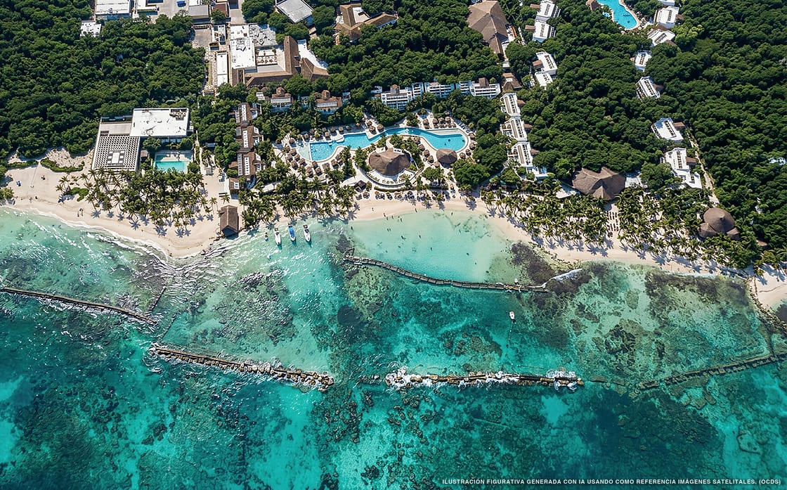 Illustration aérienne de la plage Punta Xcalacoco, Playa del Carmen, Caraïbes mexicaines