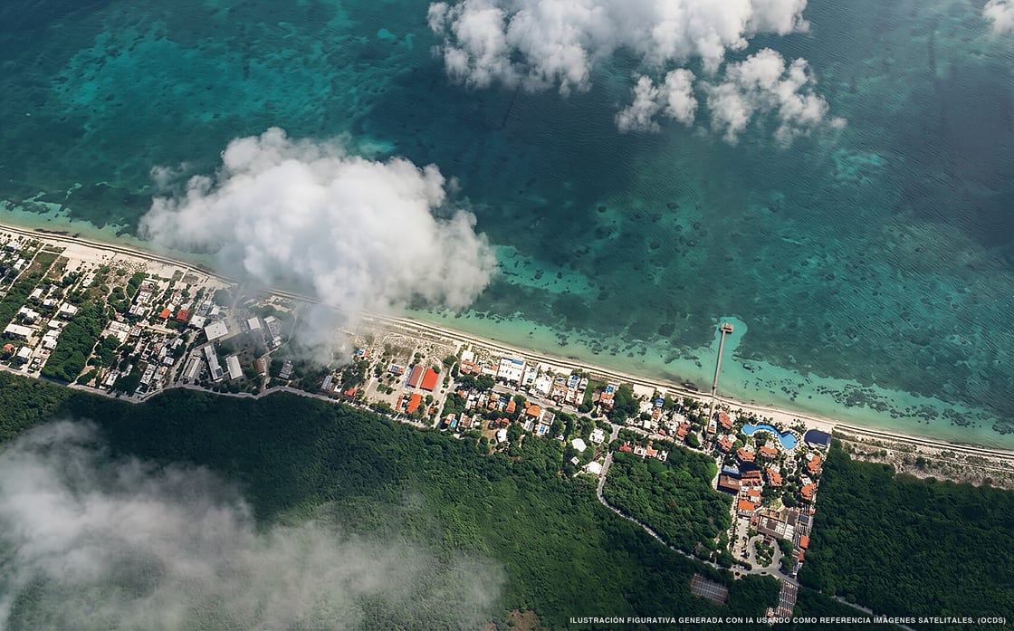 Illustration aérienne de la plage Pureto Morelos Norte, Puerto Morelos, Caraïbes mexicaines