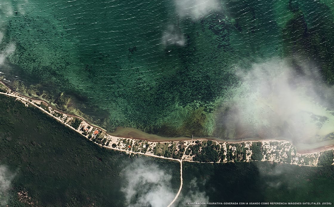 Illustrazione aerea della spiaggia Río Indio, Costa Maya, Caraibi messicani