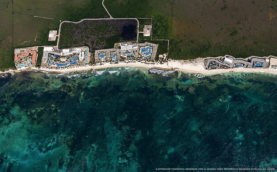 Illustrazione aerea della spiaggia Riviera Cancún Norte, Riviera Cancún, Caraibi messicani