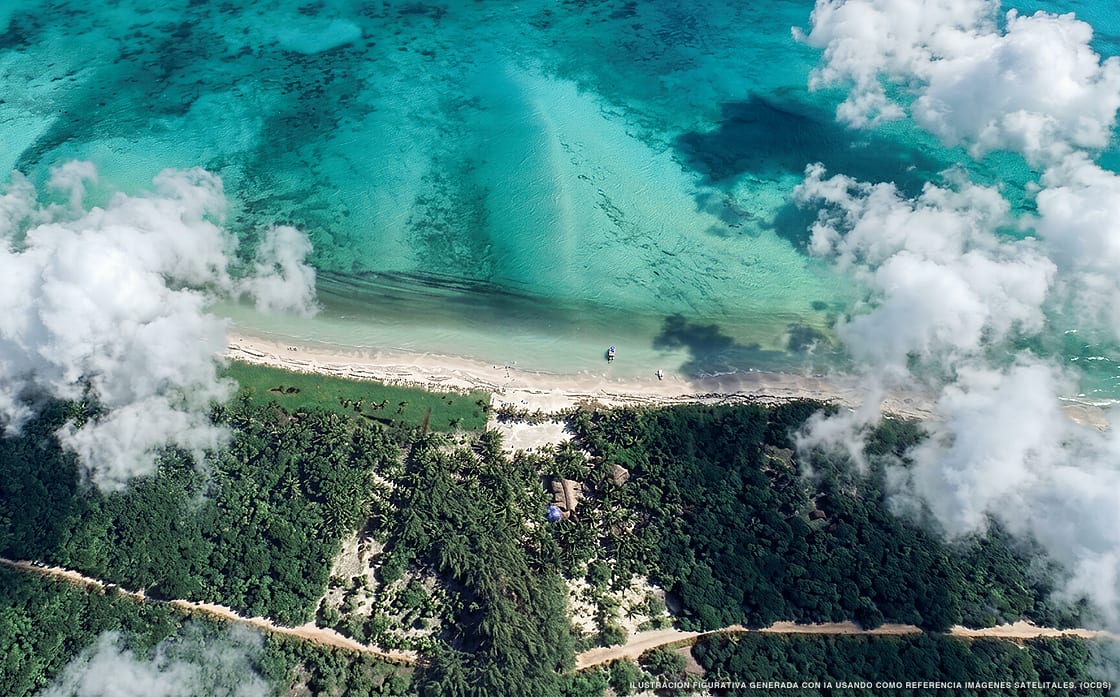 Illustration aérienne de la plage San Miguel, Punta Allen, Caraïbes mexicaines